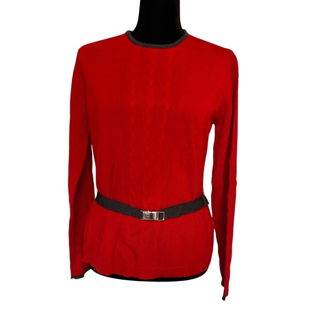 NWT Colette Mordo Red and Charcoal Gray Belted‎ Wool Blend Sweater Size Large